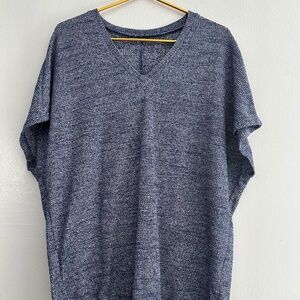 Blue Woven Short Sleeve Blouse with V-Neck